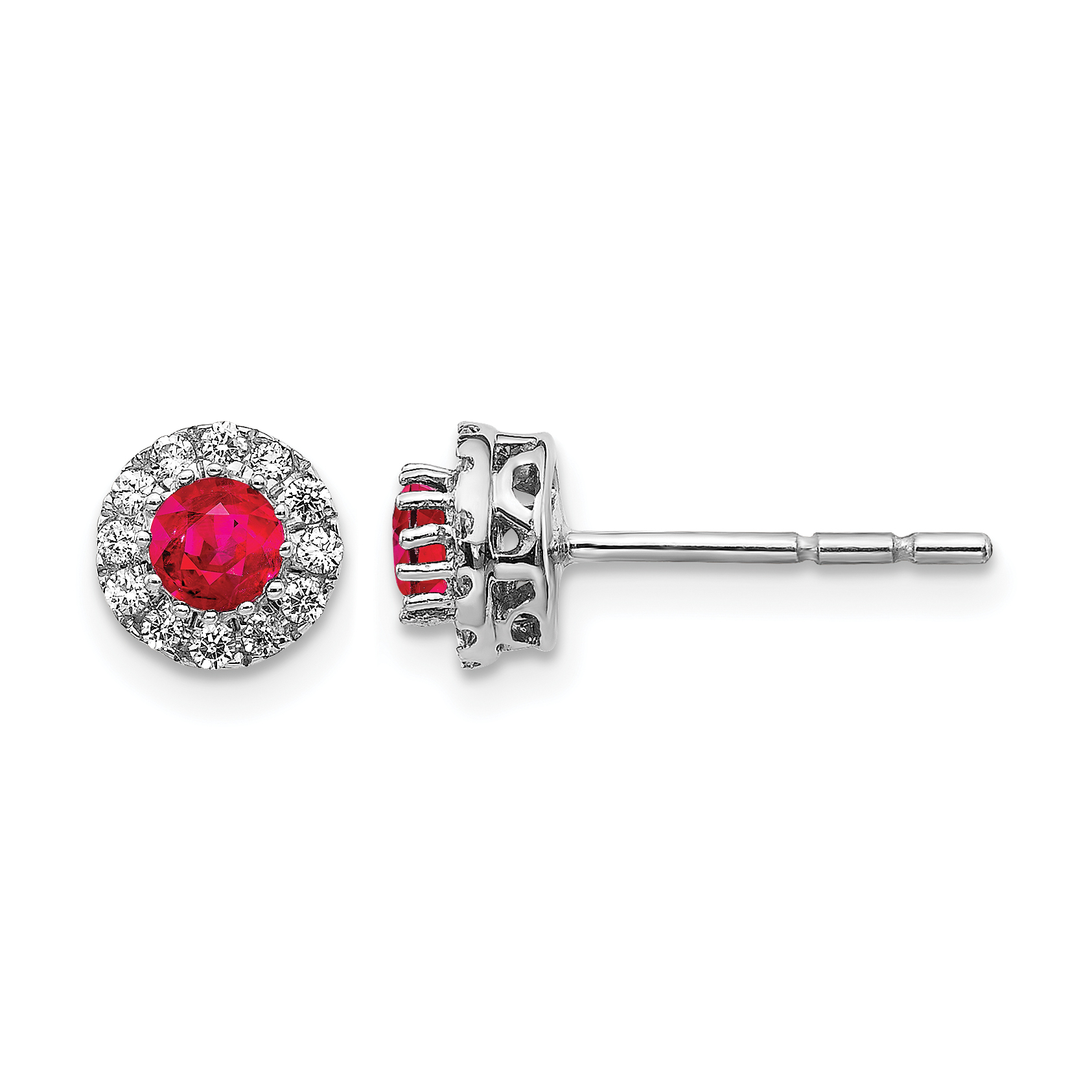 14k White Gold Diamond and Ruby Halo Post Earrings (EM5588-RU-016-WA)