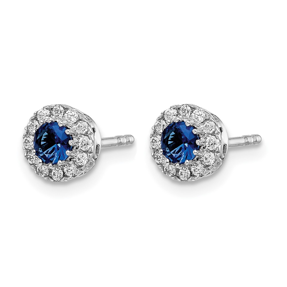 14k White Gold Diamond and Blue Sapphire Halo Post Earrings (EM5588-SA-016-WA)