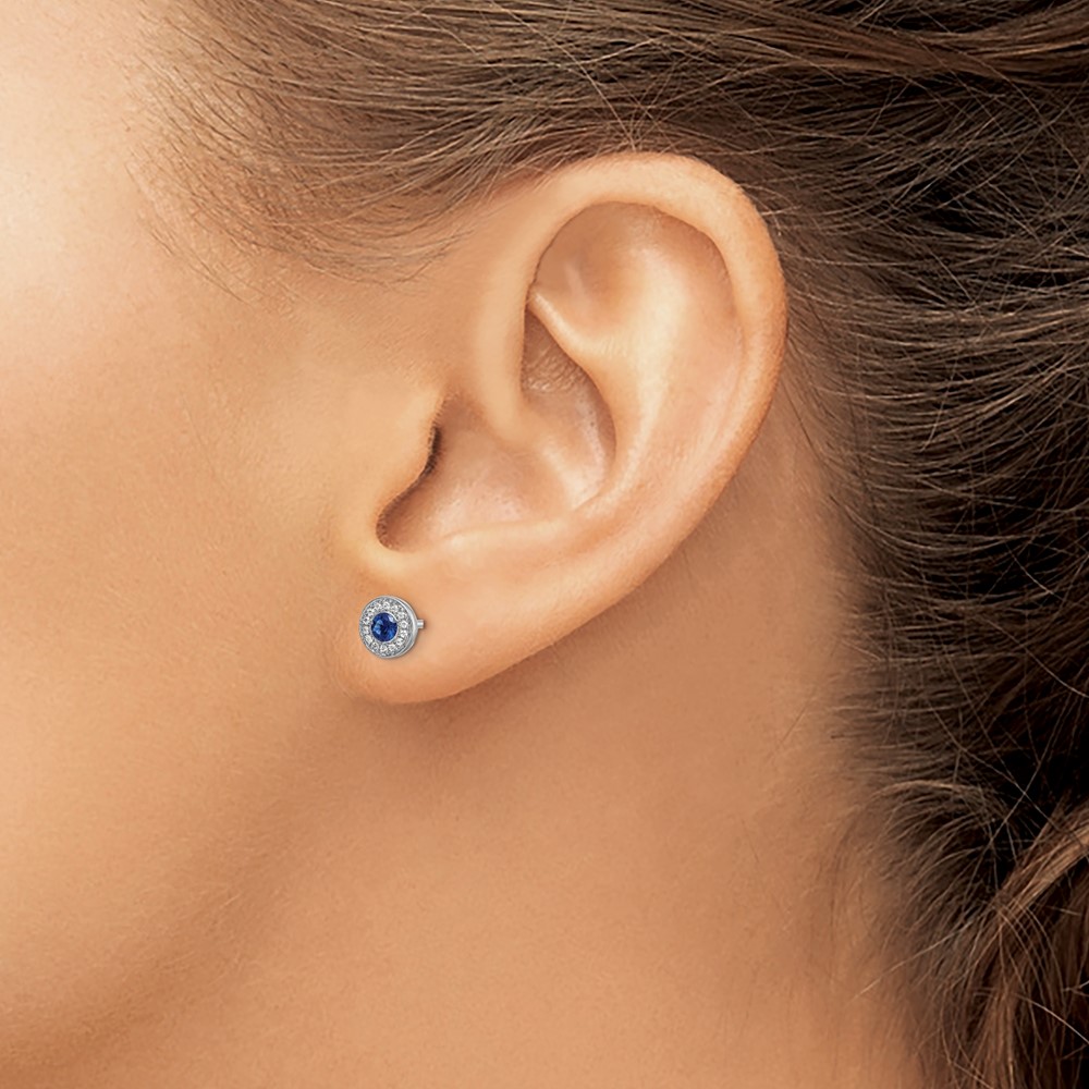 14k White Gold Diamond and Blue Sapphire Halo Post Earrings (EM5588-SA-016-WA)