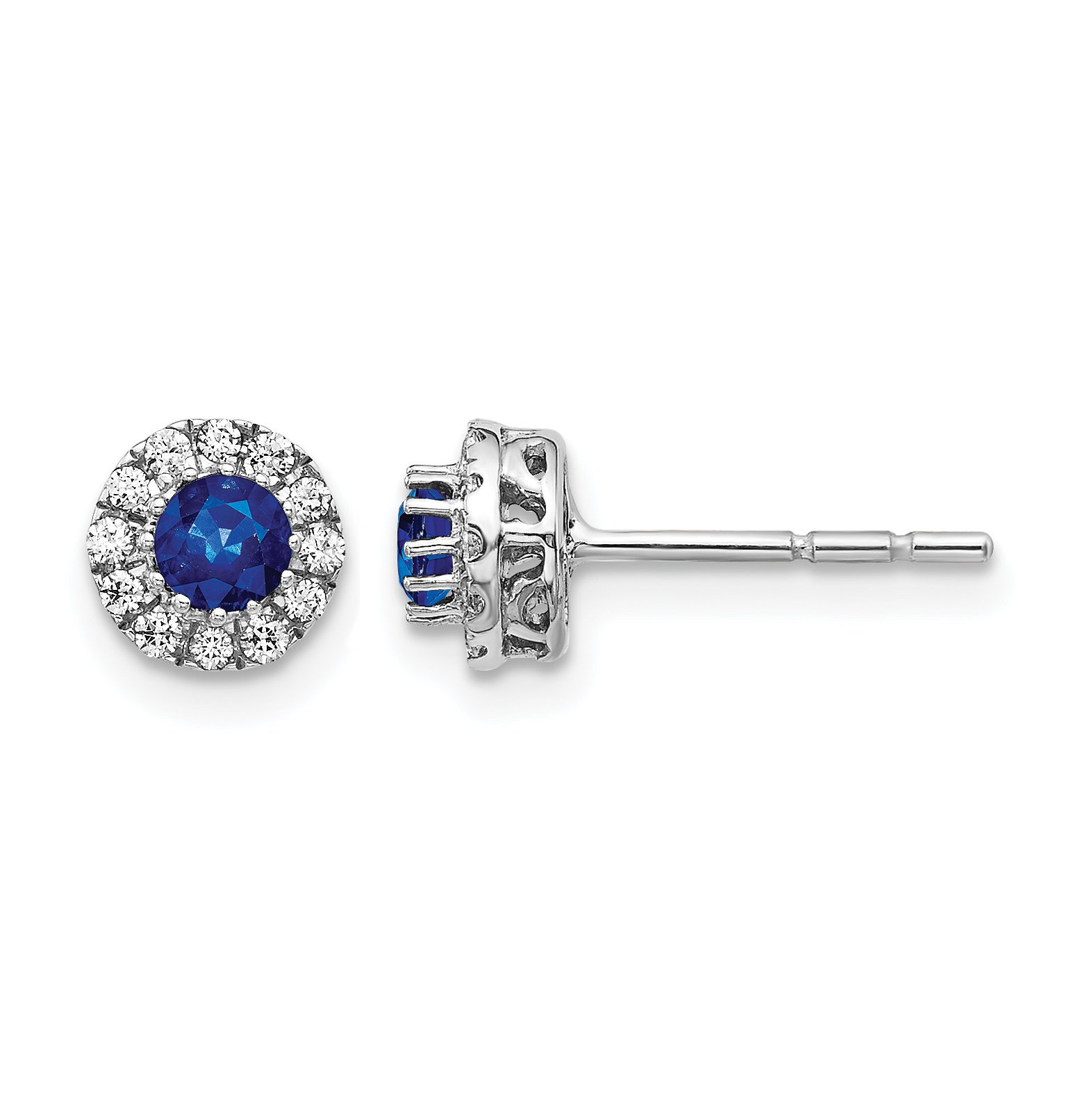 14k White Gold Diamond and Blue Sapphire Halo Post Earrings (EM5588-SA-016-WA)