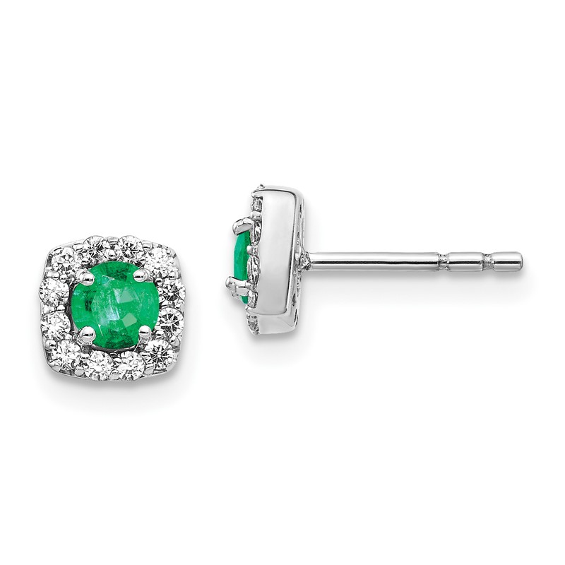 14k White Gold 1/5 carat Lab Grown Diamond VS/SI+ G+ and Created Emerald Complete Square Halo Post Earrings
