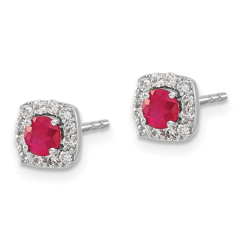 14k White Gold 1/5 carat Lab Grown Diamond VS/SI+ G+ and Created Ruby Complete Square Halo Post Earrings
