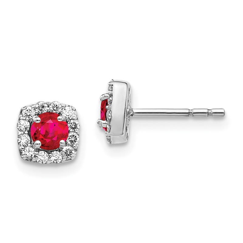 14k White Gold 1/5 carat Lab Grown Diamond VS/SI+ G+ and Created Ruby Complete Square Halo Post Earrings