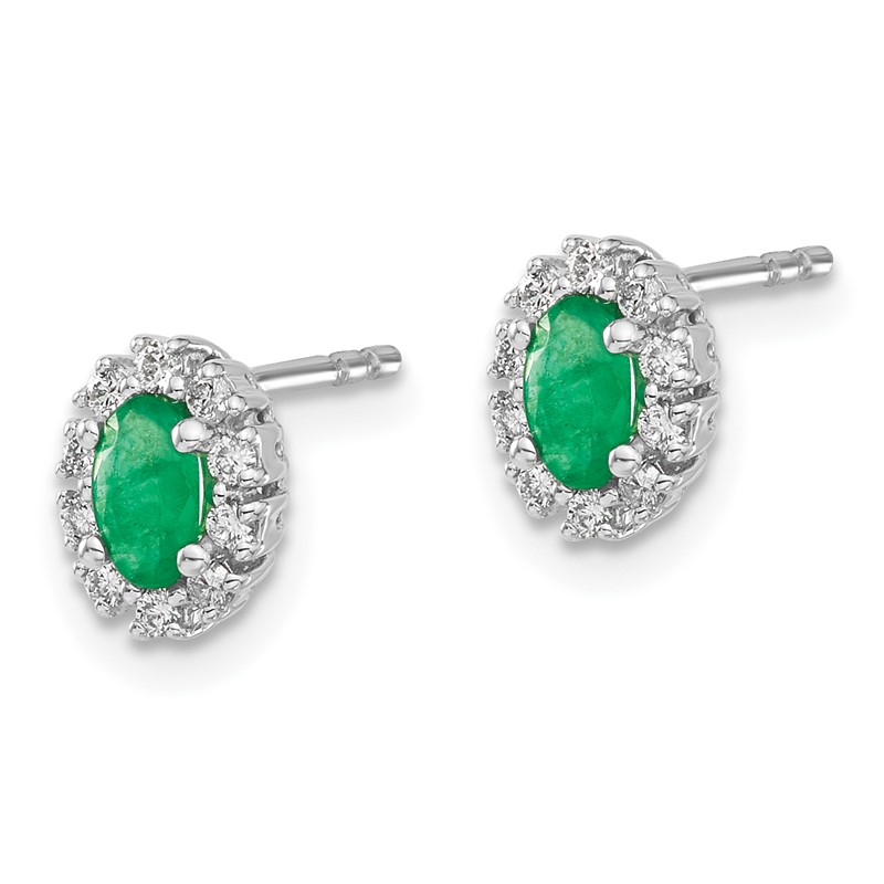 14k White Gold 1/5 carat Lab Grown Diamond VS/SI+ G+ and Oval Created Emerald Complete Halo Post Earrings