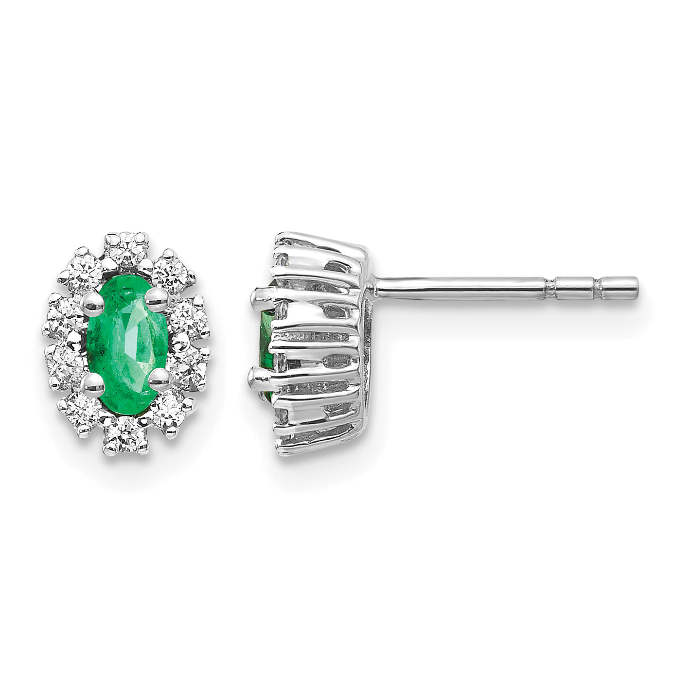 14k White Gold 1/5 carat Lab Grown Diamond VS/SI+ G+ and Oval Created Emerald Complete Halo Post Earrings (EM5591-EM-020-WLG)