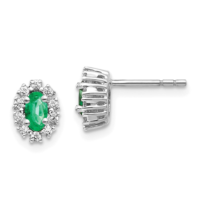 14k White Gold 1/5 carat Lab Grown Diamond VS/SI+ G+ and Oval Created Emerald Complete Halo Post Earrings