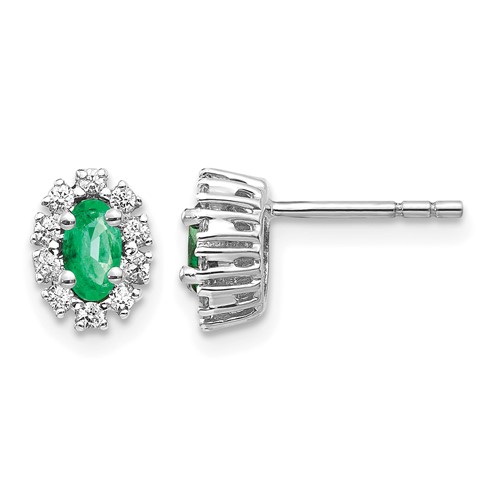 14K White Gold 0.20 Carat Lab Grown Diamond VS SI+ G+ and Oval Created Emerald Complete Halo Post Earrings
