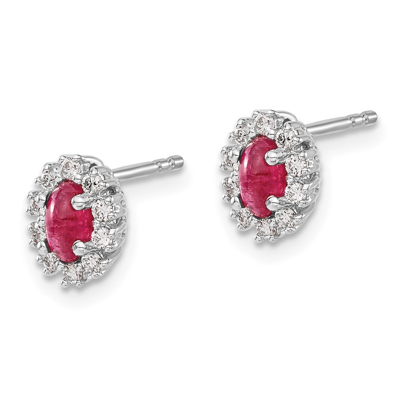 14k White Gold 1/5 carat Lab Grown Diamond VS/SI+ G+ and Oval Created Ruby Complete Halo Post Earrings