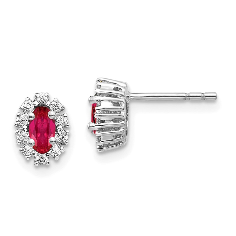 14k White Gold 1/5 carat Lab Grown Diamond VS/SI+ G+ and Oval Created Ruby Complete Halo Post Earrings