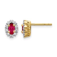 14K Yellow Gold 0.20 Carat Lab Grown Diamond VS SI+ G+ and Oval Created Ruby Complete Halo Post Earrings view 1