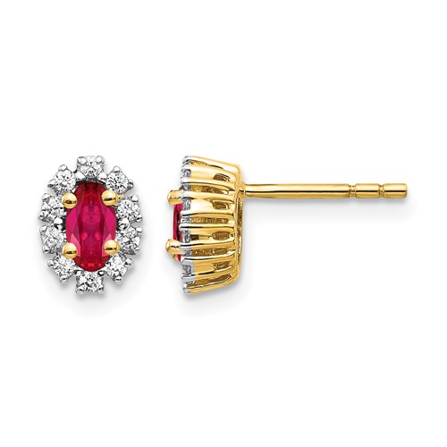 14K Yellow Gold 0.20 Carat Lab Grown Diamond VS SI+ G+ and Oval Created Ruby Complete Halo Post Earrings