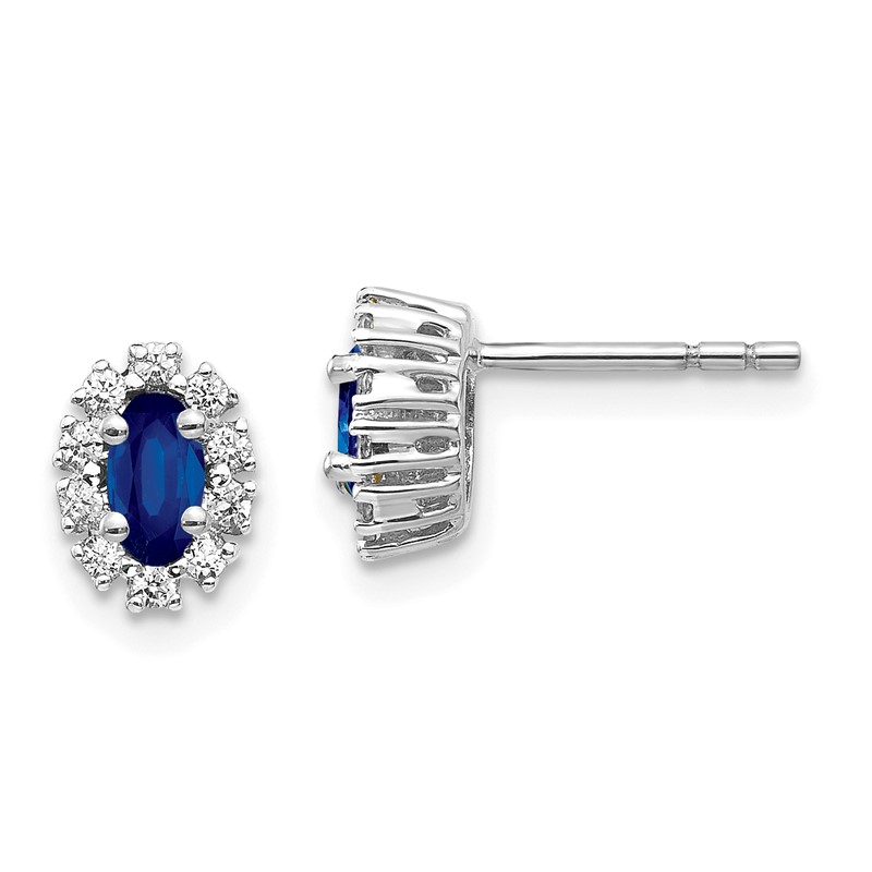 14k White Gold 1/5 carat Lab Grown Diamond VS/SI+ G+ and Oval Created Sapphire Halo Post Earrings