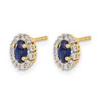 14K Yellow Gold 0.20 Carat Lab Grown Diamond VS SI+ G+ and Oval Created Sapphire Halo Post Earrings view 2