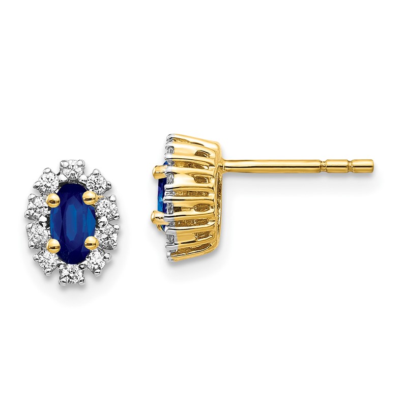 14k 1/5 carat Lab Grown Diamond VS/SI+ G+ and Oval Created Sapphire Halo Post Earrings