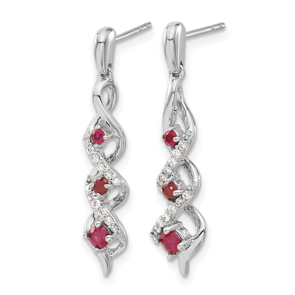 10k White Gold Diamond and Ruby 3 Stone Post Dangle Earrings (EM5599-RU-013-1WA)