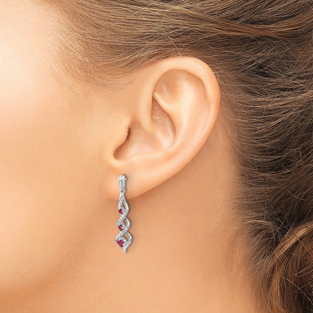 10k White Gold Diamond and Ruby 3 Stone Post Dangle Earrings (EM5599-RU-013-1WA)