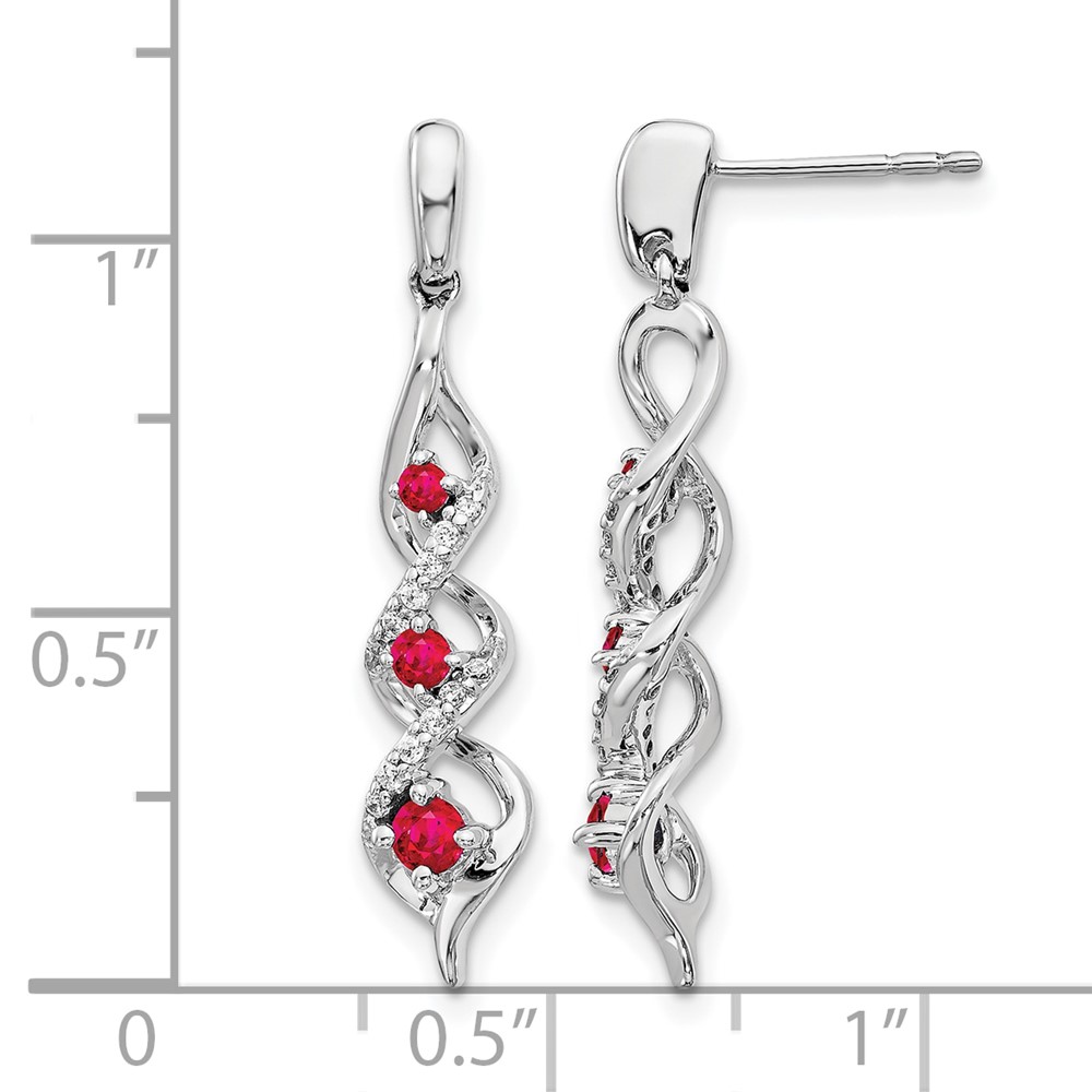 10k White Gold Diamond and Ruby 3 Stone Post Dangle Earrings (EM5599-RU-013-1WA)