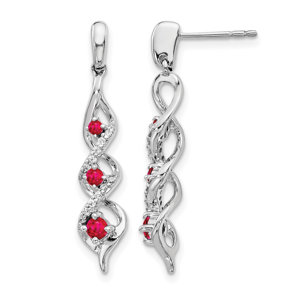 10k White Gold Diamond and Ruby 3 Stone Post Dangle Earrings (EM5599-RU-013-1WA)