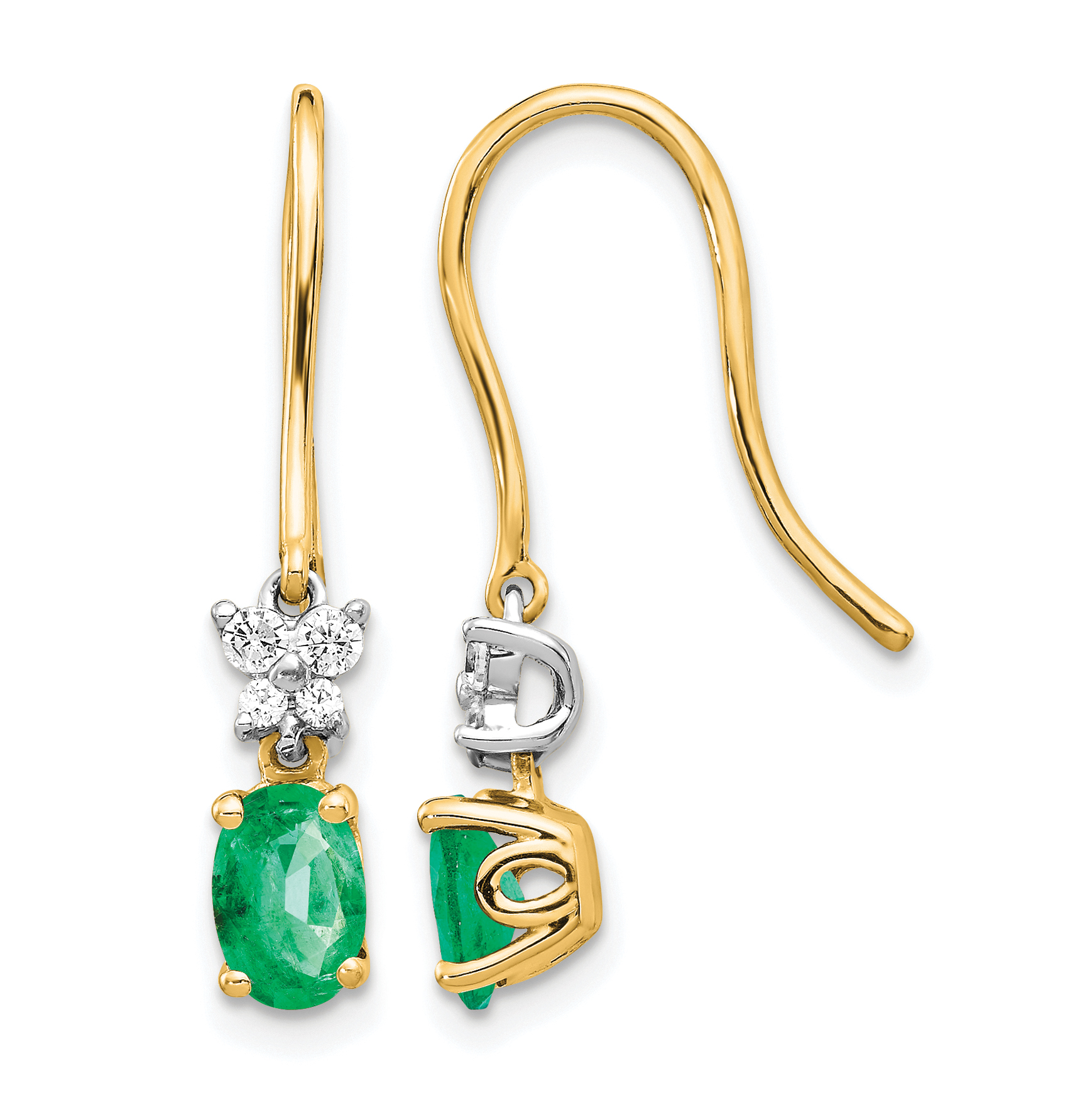 14k Two-tone 1/8ct Diamond and Oval Emerald Shepherd Hook Earrings (EM5600-EM-013-YWA)