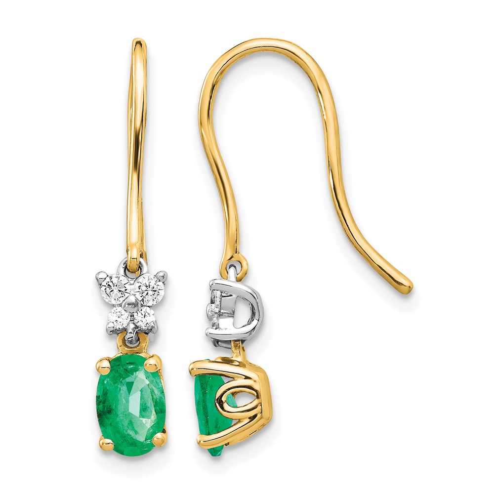 14k Two-tone 1/8ct Diamond and Oval Emerald Shepherd Hook Earrings (EM5600-EM-013-YWA)
