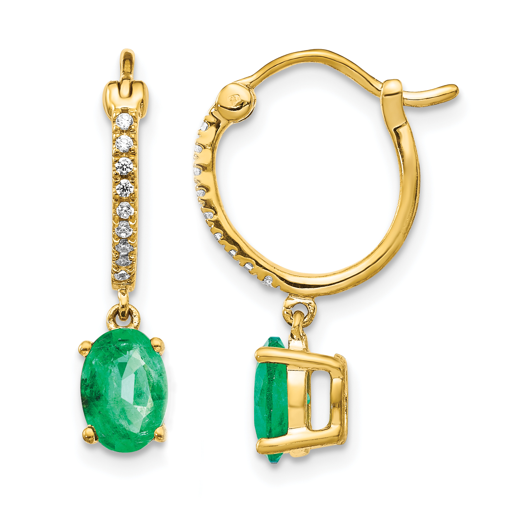 14k 1/10ct Diamond and Emerald Dangle Hoop Earrings (EM5604-EM-010-YA)