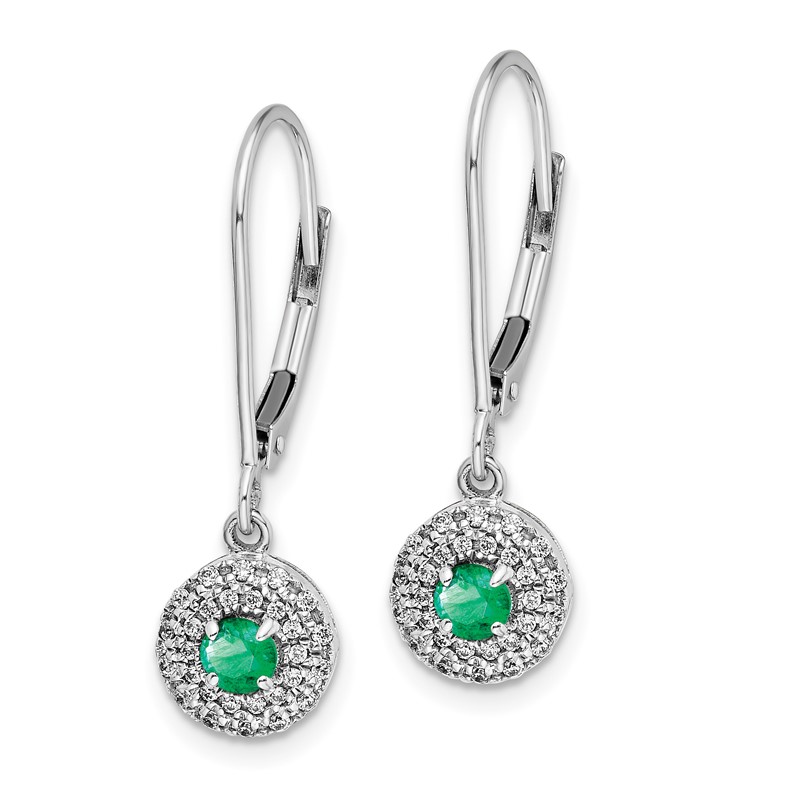 14k White Gold 1/5 carat Lab Grown Diamond VS/SI+ G+ and Created Emerald Complete Halo Leverback Earrings