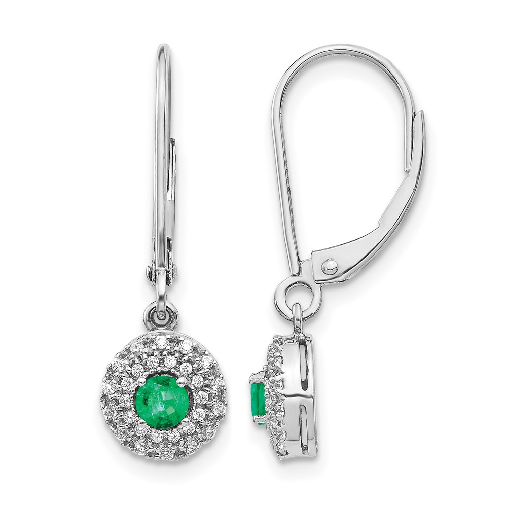 14K White Gold 0.20 Carat Lab Grown Diamond VS SI+ G+ and Created Emerald Complete Halo Leverback Earrings