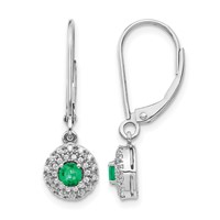 14K White Gold 0.20 Carat Lab Grown Diamond VS SI+ G+ and Created Emerald Complete Halo Leverback Earrings view 1