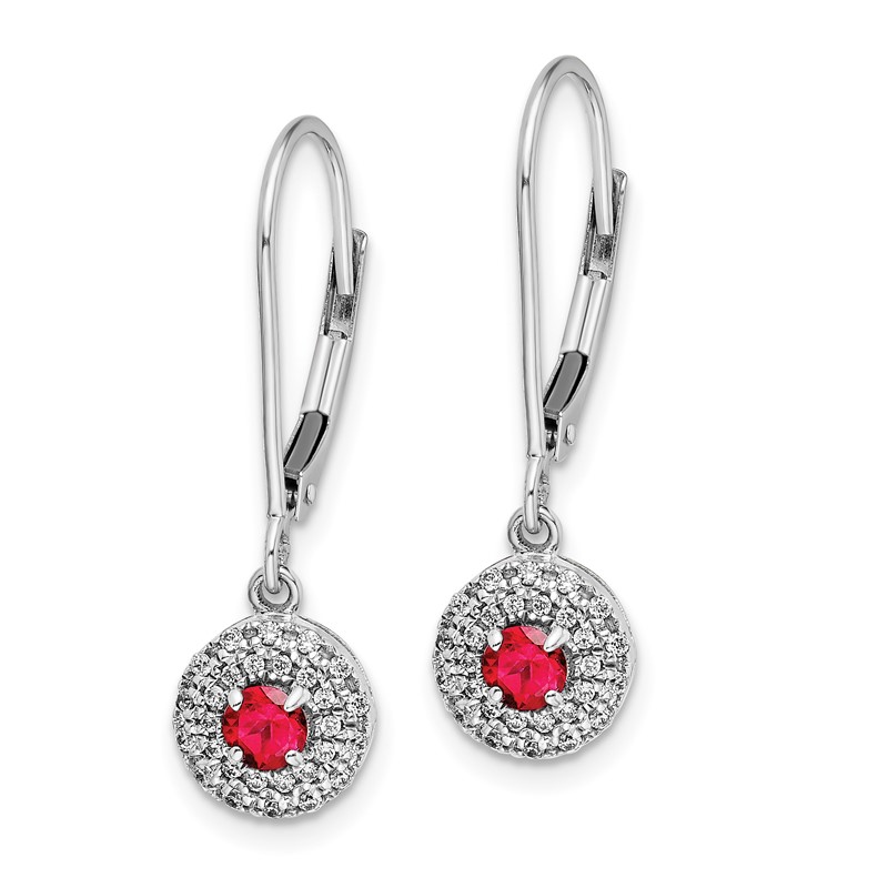 14k White Gold 1/5 carat Lab Grown Diamond VS/SI+ G+ and Created Ruby Complete Drop Leverback Earrings