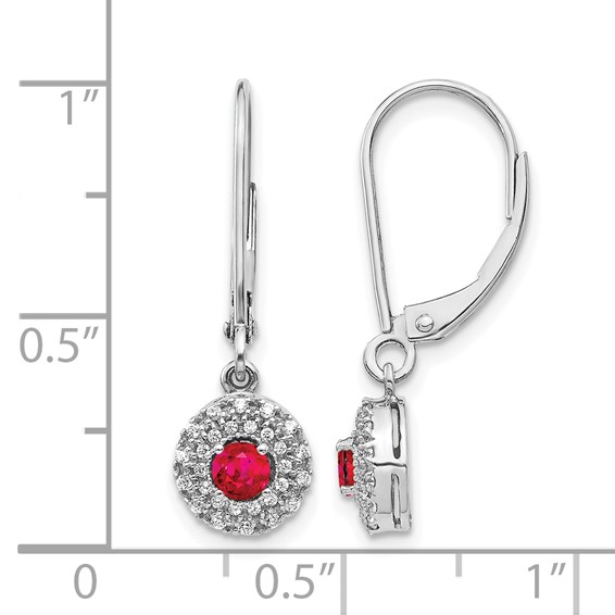 14k Yellow Gold Diamond Halo Ruby Leverback Dangle Earrings