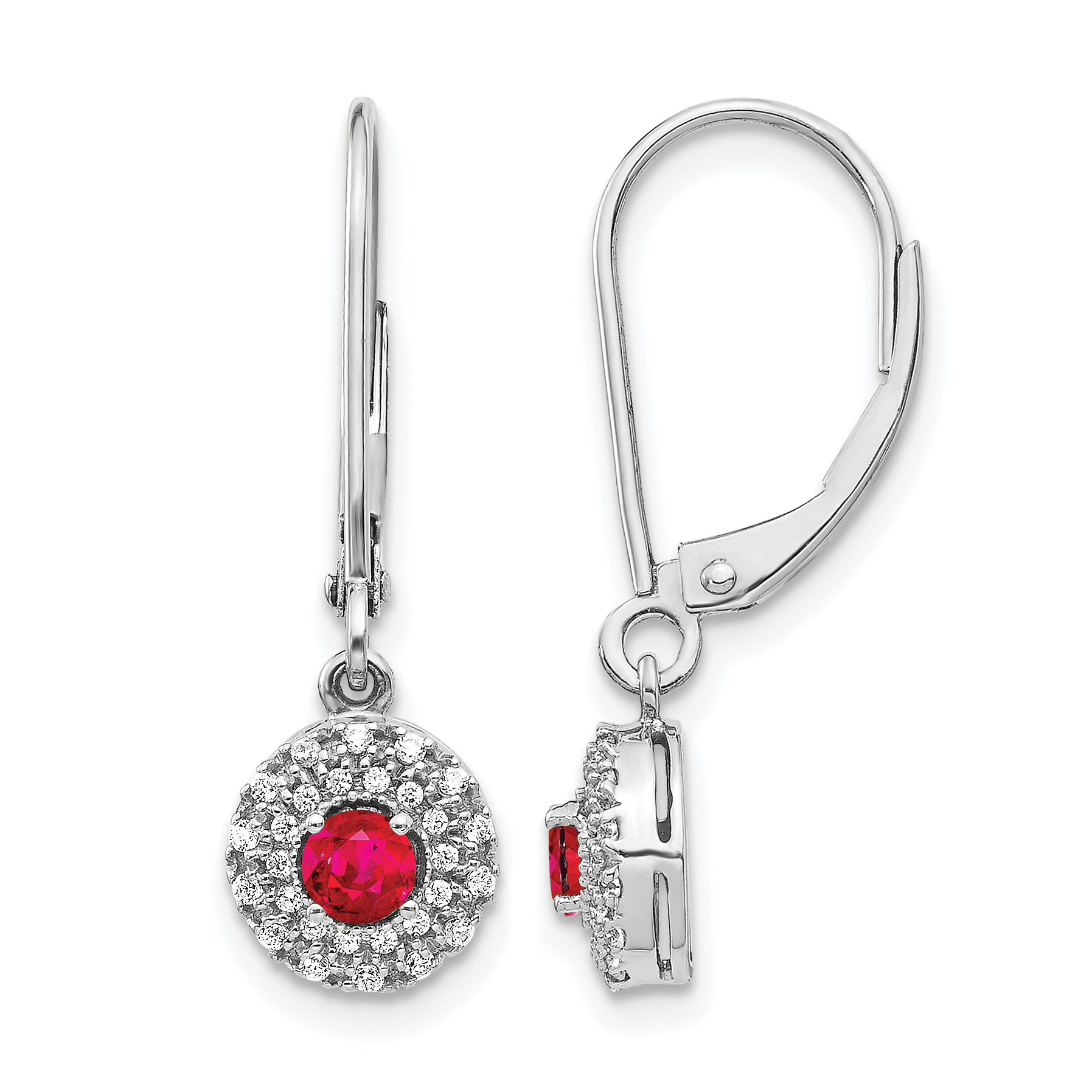 14k White Gold Diamond Halo Ruby Leverback Dangle Earrings (EM5605-RU-020-WA)