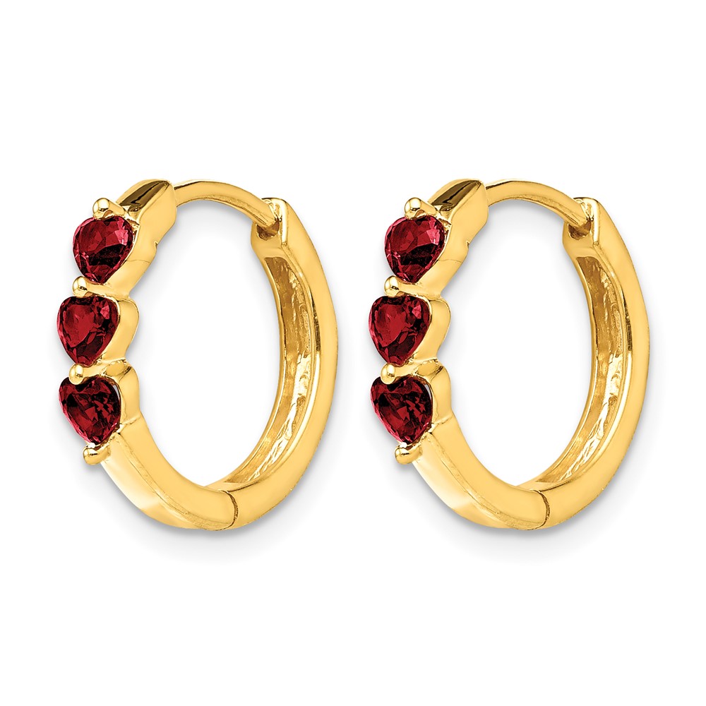 10k 3 Stone Created Ruby Polished Hinged Hoop Earrings (EM5606-CRU-1Y)