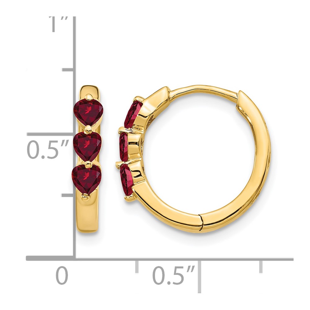 10k 3 Stone Created Ruby Polished Hinged Hoop Earrings (EM5606-CRU-1Y)