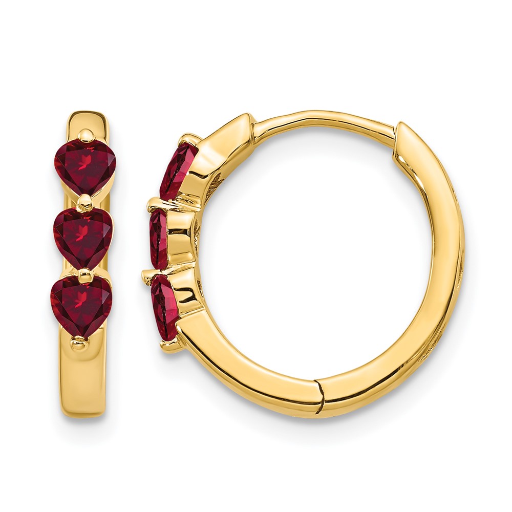 10k 3 Stone Created Ruby Polished Hinged Hoop Earrings (EM5606-CRU-1Y)