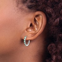14K White Gold 0.20 Carat Lab Grown Diamond VS SI+ G+ and Created Emerald Complete Hinged Hoop Earrings view 3