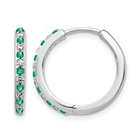 14K White Gold 0.20 Carat Lab Grown Diamond VS SI+ G+ and Created Emerald Complete Hinged Hoop Earrings view 1