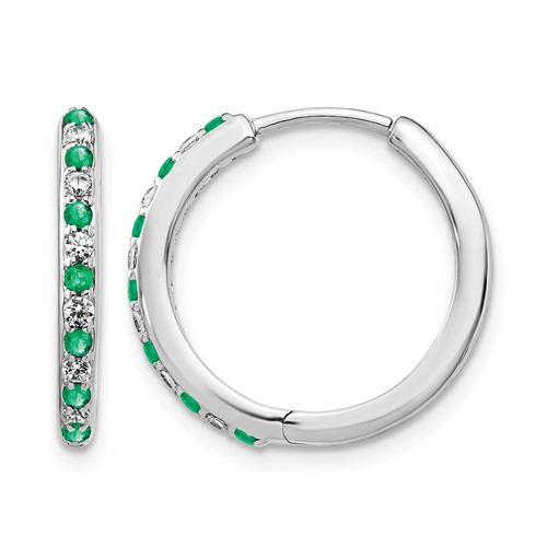 14K White Gold 0.20 Carat Lab Grown Diamond VS SI+ G+ and Created Emerald Complete Hinged Hoop Earrings