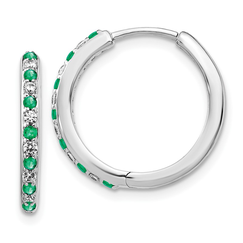 14k White Gold 1/5 carat Lab Grown Diamond VS/SI+ G+ and Created Emerald Complete Hinged Hoop Earrings