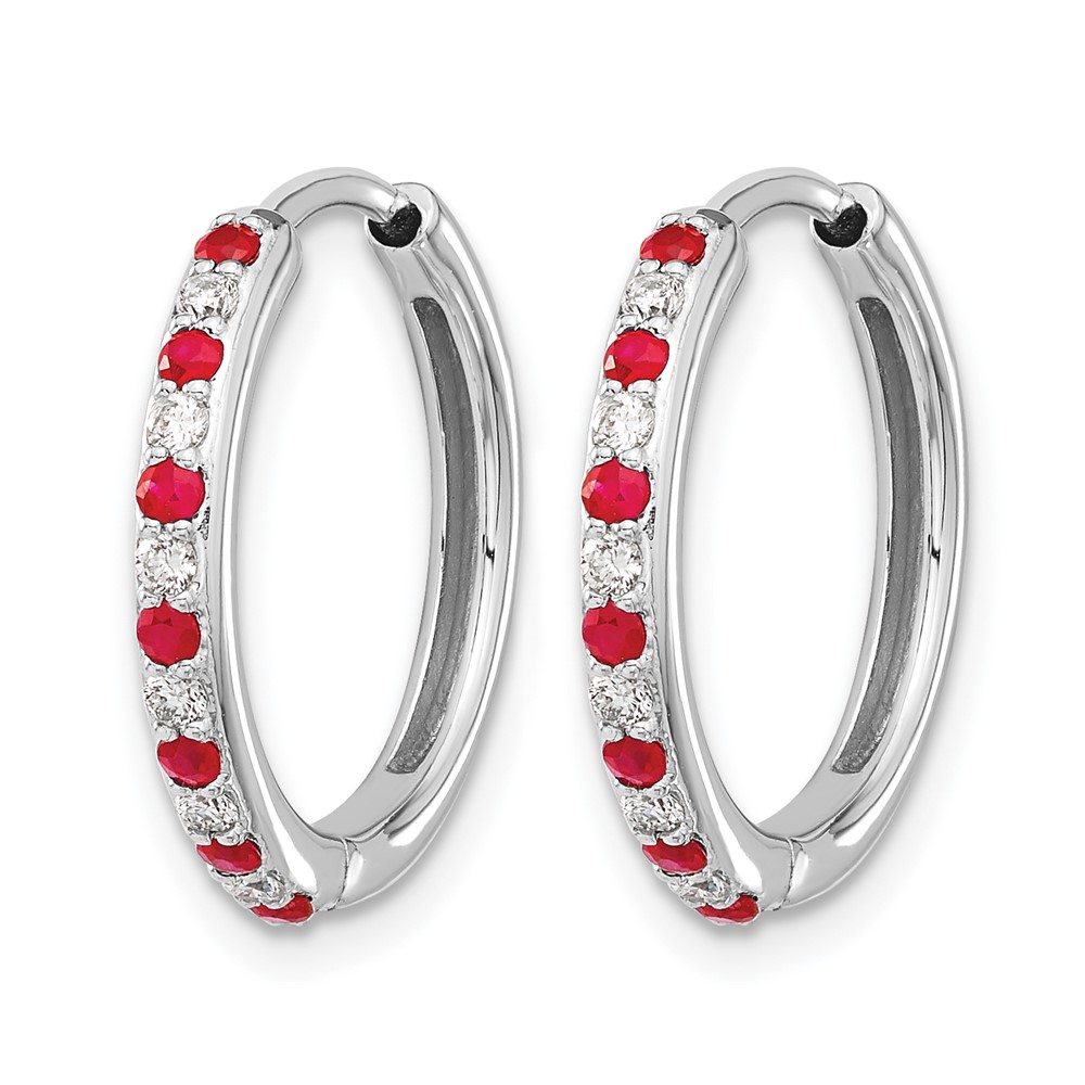 14k White Gold 1/5 carat Lab Grown Diamond VS/SI+ G+ and Created Ruby Complete Hinged Hoop Earrings (EM5607-RU-020-WLG)