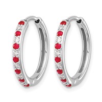 14K White Gold 0.20 Carat Lab Grown Diamond VS SI+ G+ and Created Ruby Complete Hinged Hoop Earrings view 2
