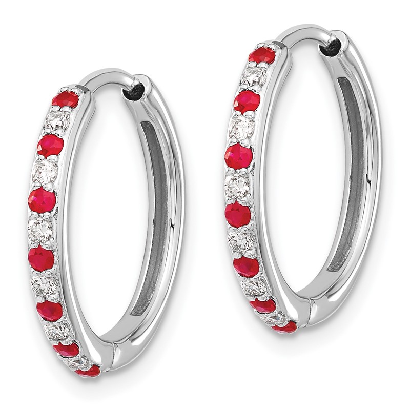 14k White Gold 1/5 carat Lab Grown Diamond VS/SI+ G+ and Created Ruby Complete Hinged Hoop Earrings