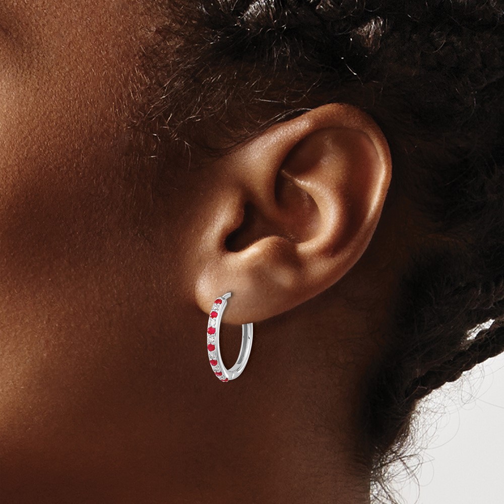 14k White Gold 1/5 carat Lab Grown Diamond VS/SI+ G+ and Created Ruby Complete Hinged Hoop Earrings (EM5607-RU-020-WLG)