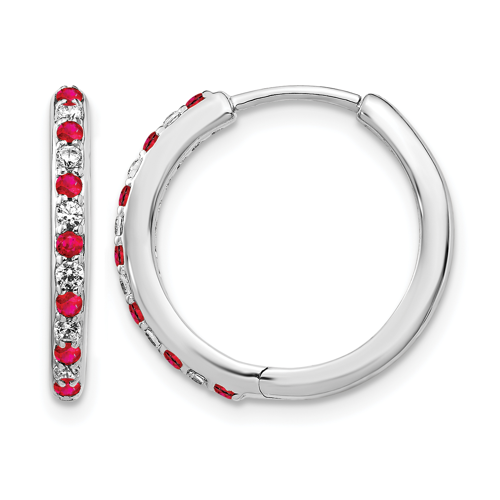 14k White Gold 1/5 carat Lab Grown Diamond VS/SI+ G+ and Created Ruby Complete Hinged Hoop Earrings (EM5607-RU-020-WLG)