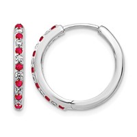 14K White Gold 0.20 Carat Lab Grown Diamond VS SI+ G+ and Created Ruby Complete Hinged Hoop Earrings view 1