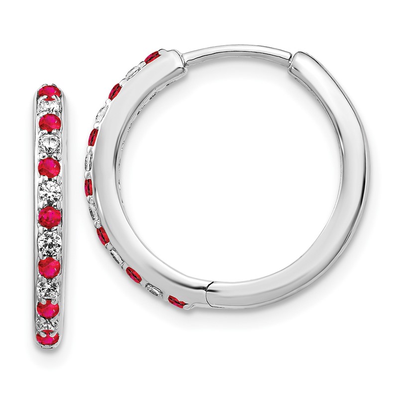 14k White Gold 1/5 carat Lab Grown Diamond VS/SI+ G+ and Created Ruby Complete Hinged Hoop Earrings