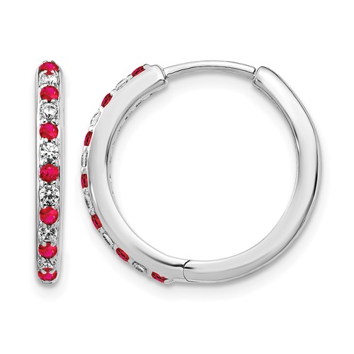 14K White Gold 0.20 Carat Lab Grown Diamond VS SI+ G+ and Created Ruby Complete Hinged Hoop Earrings
