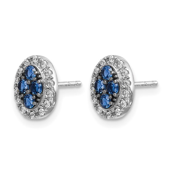 14k White Gold Sapphire Cluster and Diamond Halo Oval Post Earrings