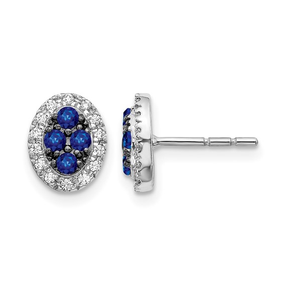 14k White Gold Sapphire Cluster and Diamond Halo Oval Post Earrings