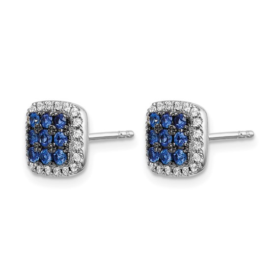 14k White Gold Sapphire Cluster and Diamond Halo Square Post Earrings