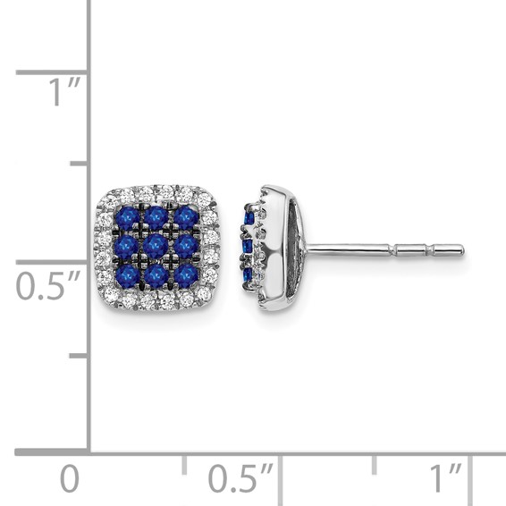 14k White Gold Sapphire Cluster and Diamond Halo Square Post Earrings